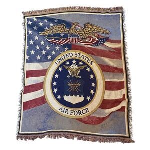 United States Air Force Woven Throw Blanket American Flag Eagle Fringed 49x59